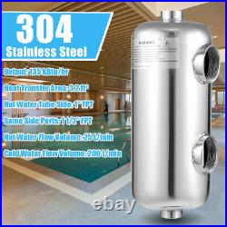 304 Stainless Steel Tube & Shell Heat Exchanger Same Side 135K 1+ 1 1/2FPT NEW