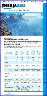 Thermeau Swimming Pool Heat Pump Th125 Thi-15-125 121k Btu Prestige Heat Cool Ti